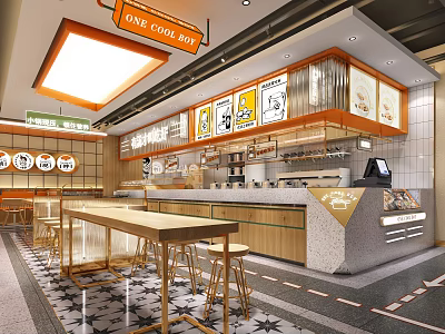 Casual Dining Restaurant Interior Featuring Open Counter Wooden Tables Stools Wall Posters And Bright Lighting 3d model