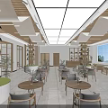Modern Teahouse Interior With Wooden Shelves Tea Sets Seating And Green Plants