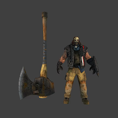 Battle Ready Skull Masked Warrior With Giant Axe Yellow Cargo Pants And Leather Vest 3d model