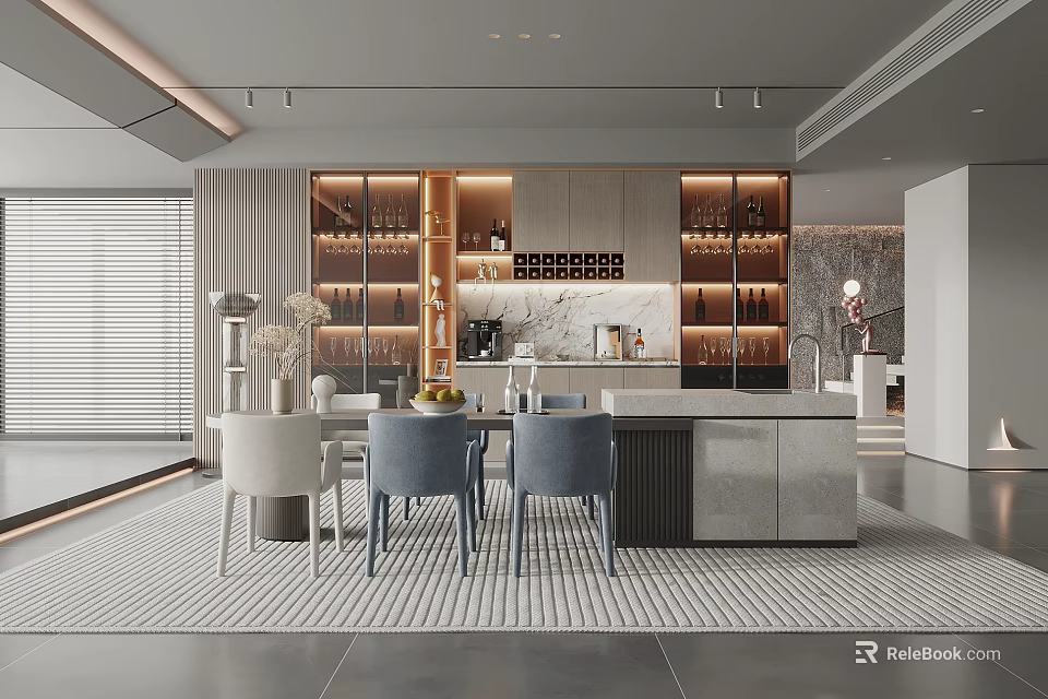 Modern Open Concept Restaurant Interior Design With Dining Table Chairs And Wine Cabinets 3d model 