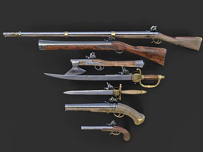 Antique Weapons Collection Showcasing Muskets Pistols Swords And Historical Metal Wooden Details 3d model