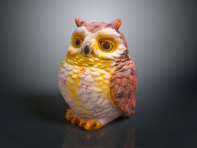 Detailed Hand Painted Owl Sculpture With Brown Yellow Feathers And Large Eyes 3d model