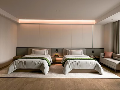 Hotel Guest Room Interior Design With Twin Beds White Bedding Green Runners And Sofa 3d model