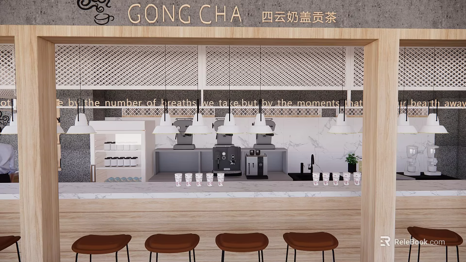 Gong Cha Milk Tea Shop Interior With Modern Counter Wooden Stools And Decorative Pendant Lights 3d model 