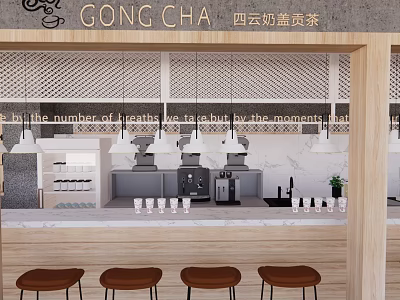 Gong Cha Milk Tea Shop Interior With Modern Counter Wooden Stools And Decorative Pendant Lights 3d model