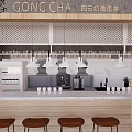 Gong Cha Milk Tea Shop Interior With Modern Counter Wooden Stools And Decorative Pendant Lights