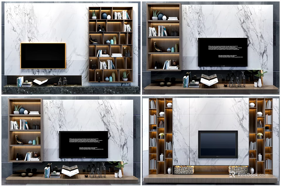 Modern TV Wall Design With Marble Background And Display Shelves Decorative Items 3d model