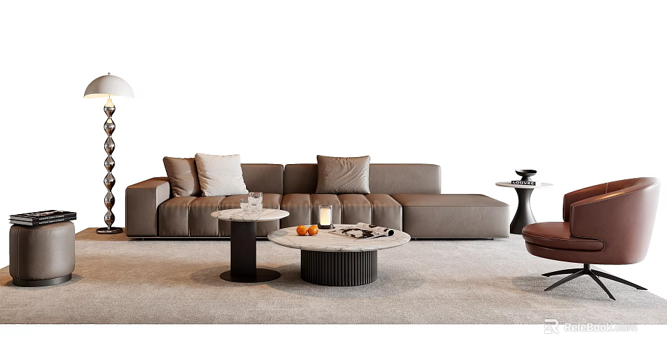 Modern Gray L shaped Sofa and Coffee Table Set With Round Marble Top Table Accent Pillows 3d model 