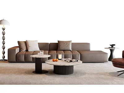 Modern Gray L shaped Sofa and Coffee Table Set With Round Marble Top Table Accent Pillows 3d model
