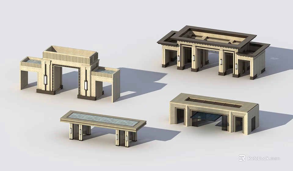 Various Entrance Gate Designs Featuring Classical Columns and Modern Glass Elements 3d model 