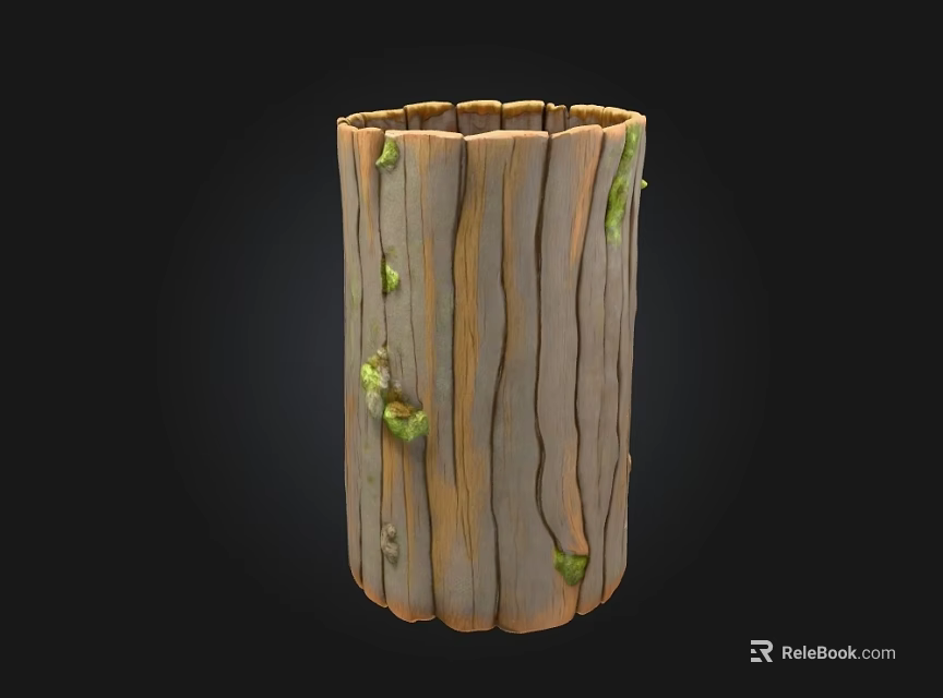 Stone Wood Cylindrical Vessel with Natural Wood Grain and Green Moss Details 3d model 