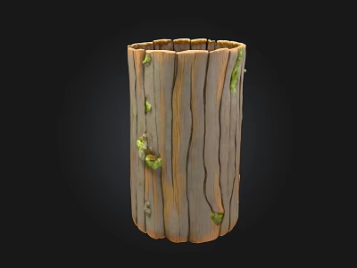 Stone Wood Cylindrical Vessel with Natural Wood Grain and Green Moss Details 3d model