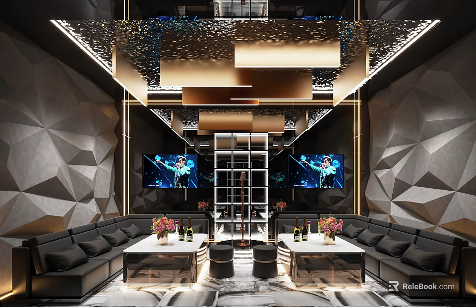 Modern Luxury KTV Interior With Plush Sofas Large TV Screens And Ambient Lighting 3d model 
