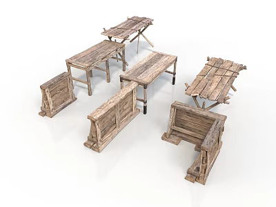 Rustic Style Wooden Furniture Set With Distressed Tables And Natural Wood Cabinets 3d model