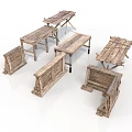 Rustic Style Wooden Furniture Set With Distressed Tables And Natural Wood Cabinets