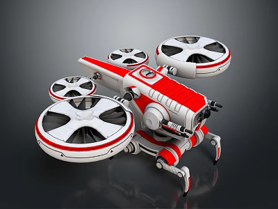 Modern Red And White Multirotor Drone Design With Multiple Propellers And Mechanical Structure 3d model