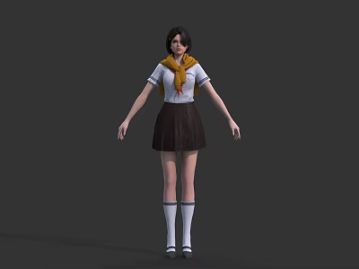 Woman In Casual Outfit With White Top Yellow Scarf Brown Skirt And Black Shoes 3d model