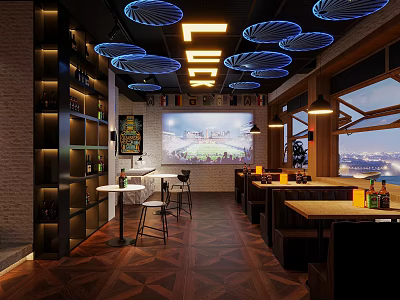 Modern Bar Interior Design With Blue Circular Ceiling Lights Wine Racks And Cozy Seating 3d model