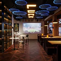 Modern Bar Interior Design With Blue Circular Ceiling Lights Wine Racks And Cozy Seating