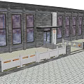 Modern Building Exterior With Gray Brick Walls Large Windows Stone Paved Ground And Bench Seating