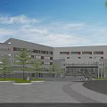 Modern School Building Exterior With Glass Windows Spacious Plaza Green Trees And School Bus