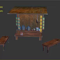 Traditional Wooden Street Stall With Tiled Roof And Side Hanging Items Plus Two Benches
