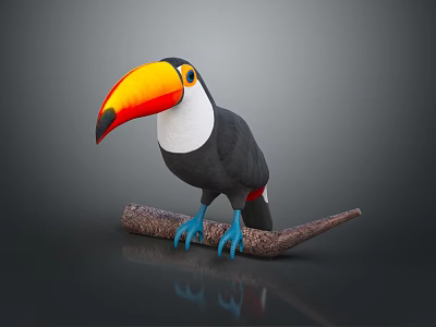 Vibrant Toucan with Yellow Orange Beak Black Body and White Throat Perched on Wooden Branch 3d model