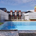Modern Commercial Architecture With Glass Facade Stone Exterior And Outdoor Dining Area