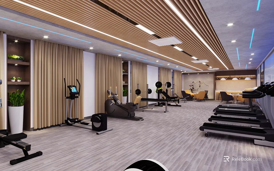 Modern Fitness Gym Interior With Treadmills Ellipticals Dumbbells And Bright Lighting 3d model 
