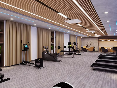 Modern Fitness Gym Interior With Treadmills Ellipticals Dumbbells And Bright Lighting 3d model
