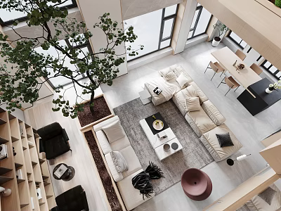 Modern Duplex Living Room Interior With Large Sofa Coffee Table And Indoor Tree 3d model