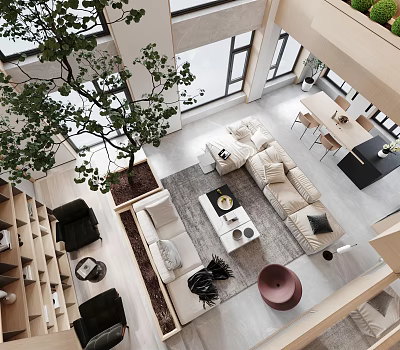 Modern Duplex Living Room Interior With Large Sofa Coffee Table And Indoor Tree 3d model