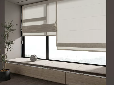 Modern Bay Window Seat With Wooden Base Roman Shades Natural Light And Potted Plant 3d model