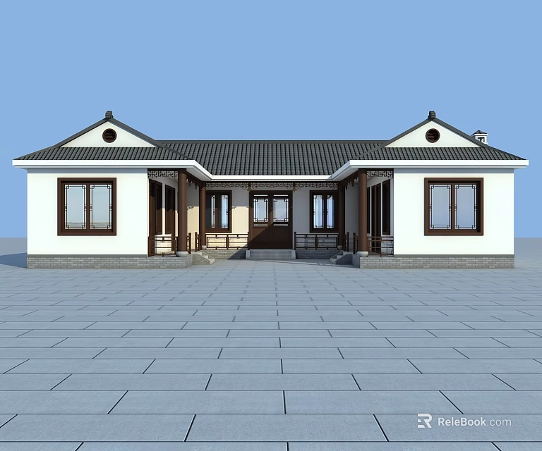 Traditional Chinese Detached Villa With Black Roof White Walls And Stone Pavement 3d model 