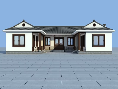 Traditional Chinese Detached Villa With Black Roof White Walls And Stone Pavement 3d model