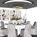 Elegant Round Dining Table Set With White Tablecloth Yellow Flowers And Calligraphy Decor 3d model