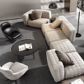 Modern Upholstered Sofa Coffee Table Combination With Round Black Frame And Accent Chairs 3d model