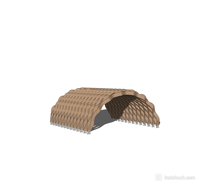 Outdoor Arched Wooden Pergola With Woven Texture Roof And Support Columns 3d model 