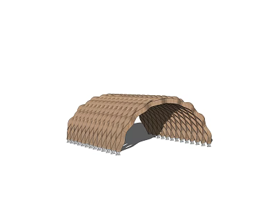 Outdoor Arched Wooden Pergola With Woven Texture Roof And Support Columns 3d model