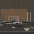 Modern Living Dining Room With Wooden Wall Fireplace Sofas Round Coffee Table And Large Windows