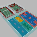 Basketball Gymnasium Featuring Multiple Colorful Courts Fencing And Seating Benches