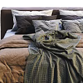 Cozy Double Bed with Brown Gray Blankets and Multiple Pillows on Upholstered Frame 3d model