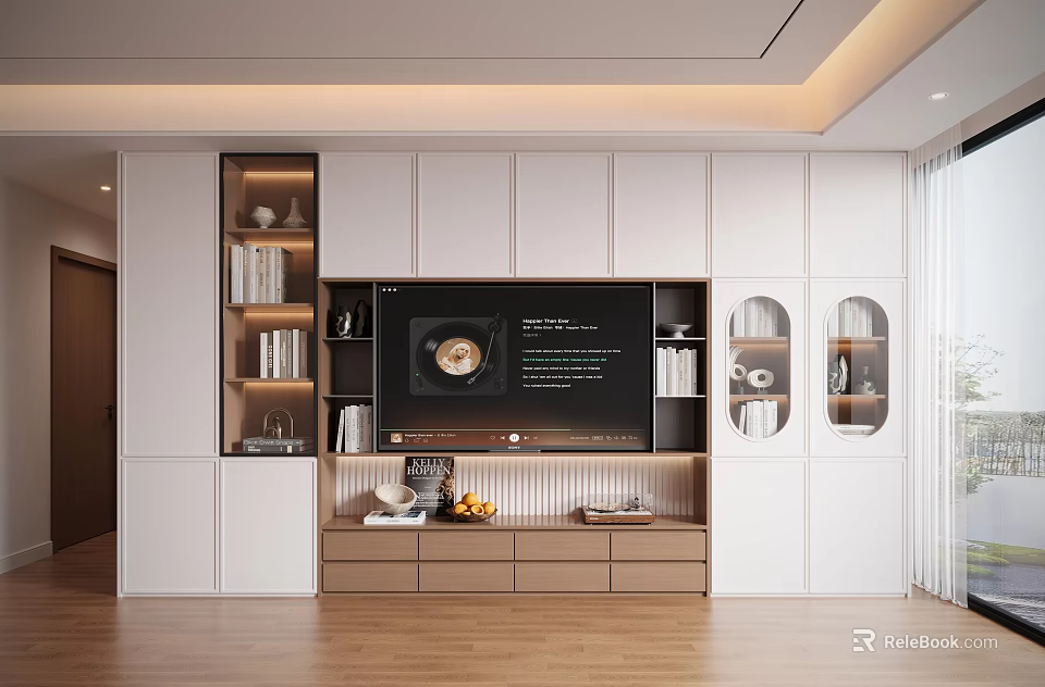 Modern TV Stand Design With White Panels Wooden Drawers And Open Shelves 3d model 