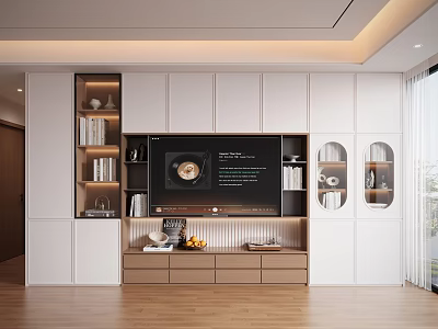 Modern TV Stand Design With White Panels Wooden Drawers And Open Shelves 3d model