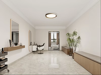 Modern Beauty Hair Salon Interior With Mirrors Salon Chair Plant Wooden Counter And Marble Floor 3d model