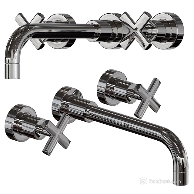 Modern Chrome Wall Mounted Bathroom Faucet With Double Cross Handles Design 3d model 