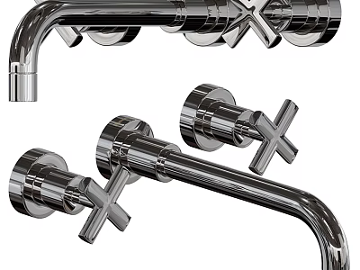 Modern Chrome Wall Mounted Bathroom Faucet With Double Cross Handles Design 3d model