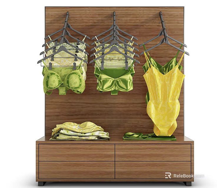 Green and Yellow Clothes Hanging on Wooden Rack with Folded Lingerie and Dresses 3d model 