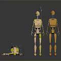 Mechanical Robots In Different Poses Standing And Lying With Yellow Green Parts