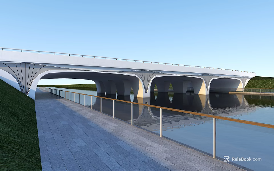 Modern Landscape Bridge Featuring Arched Structure Spanning Water with Walkway and Glass Railing 3d model 